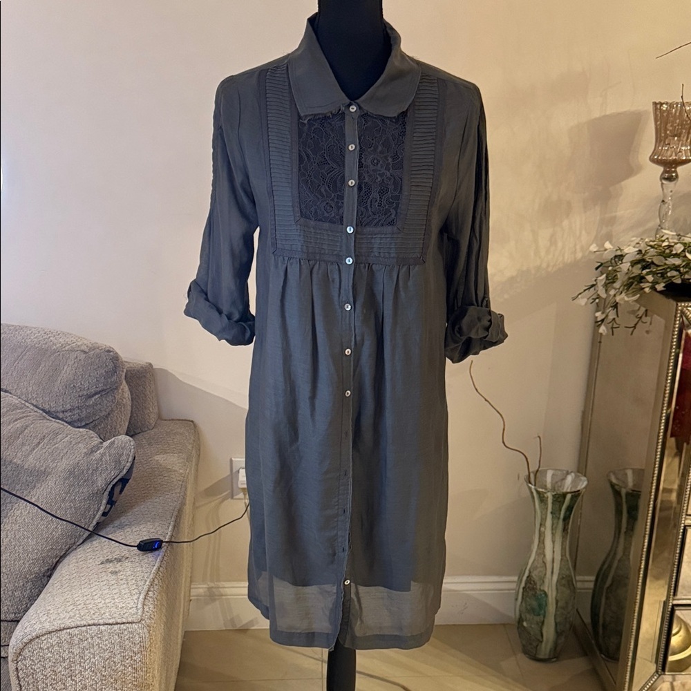 Gray Button-Up cotton/silk Dress with Lace size M - Picture 2 of 7